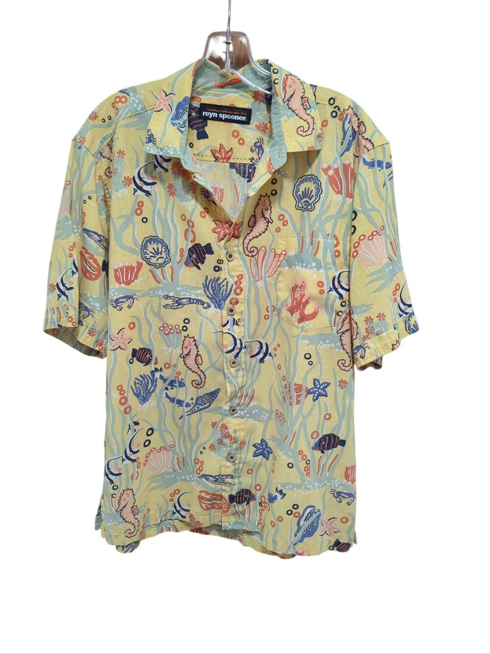 Reyn Spooner Shirt Mens L Yellow Sea Life Print Hawaiian Linen Blend Beach